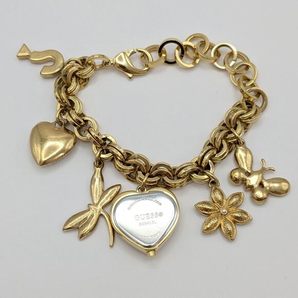 GUESS Pave Rhinestone Charm Bracelet Watch Gold Tone - Needs Battery - Working - Picture 7 of 8